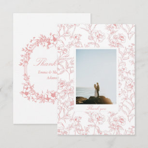 Cartão De Agradecimento Casamento Fotográfico Floral em Chinoiserie Rosa