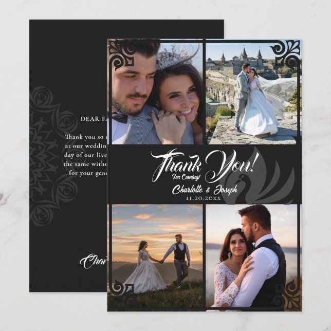 Cartão De Agradecimento Casamento Fotográfico Moderno Deco Black Swan 4 (Frente/Verso)