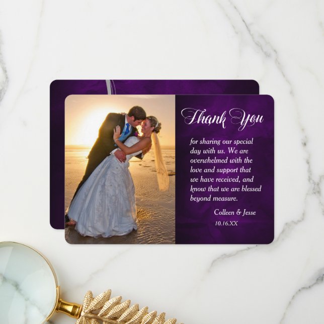 Cartão De Agradecimento Casamento Fotográfico Roxo Silver Leaf Swirl Obrig (Frente/Verso In Situ)