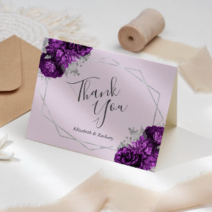 Cartão De Agradecimento Casamento Geométrico de Prata Floral Púrpura Lilac