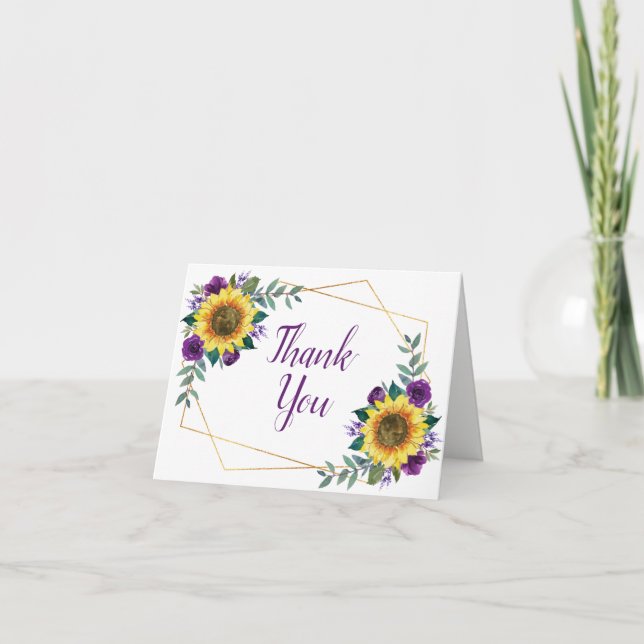Cartão De Agradecimento Casamento Geométrico de Sunflower Purple Floral (Frente)