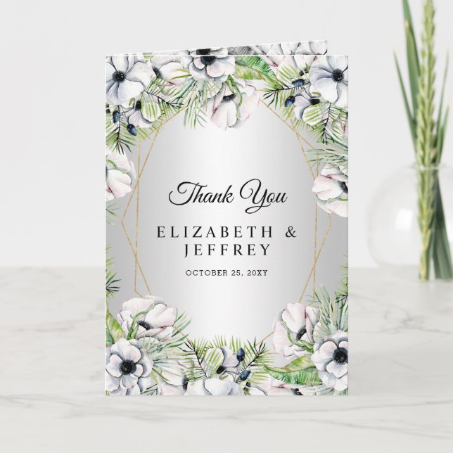 Cartão De Agradecimento Casamento Geométrico Dourado da Anêmona Branca de  (Frente)