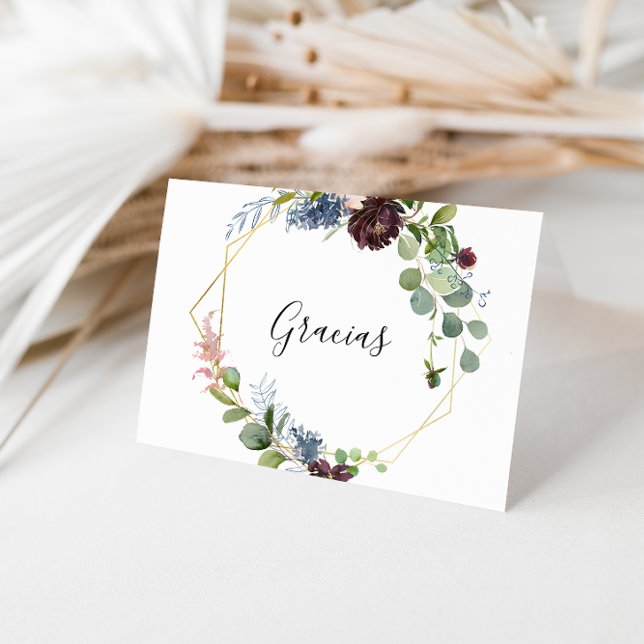 Cartão De Agradecimento Casamento Geométrico Dourado da Borgonha Gracias (Criador carregado)