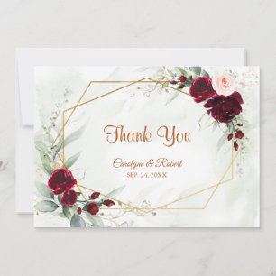 Cartão De Agradecimento Casamento Geométrico Dourado da Borgonha Vermelha