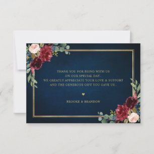 Cartão De Agradecimento Casamento Geométrico Dourado Floral Blush Marinho