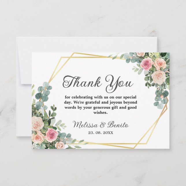 Cartão De Agradecimento Casamento Geométrico Eucalyptus Watercolor, Rosa-E (Frente)