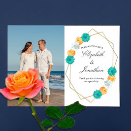 Cartão De Agradecimento Casamento Geométrico Floral Laranja Turquesa
