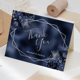 Cartão De Agradecimento Casamento Geométrico Prata Floral Azul Naval Folha