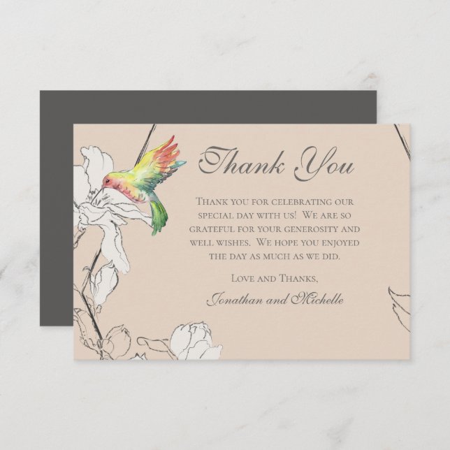 Cartão De Agradecimento Casamento Geométrico Watercolor Hummingbird (Frente/Verso)