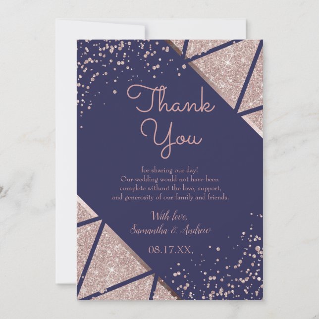 Cartão De Agradecimento Casamento Glitter de Confetti Dourado com o Rosa A (Frente)
