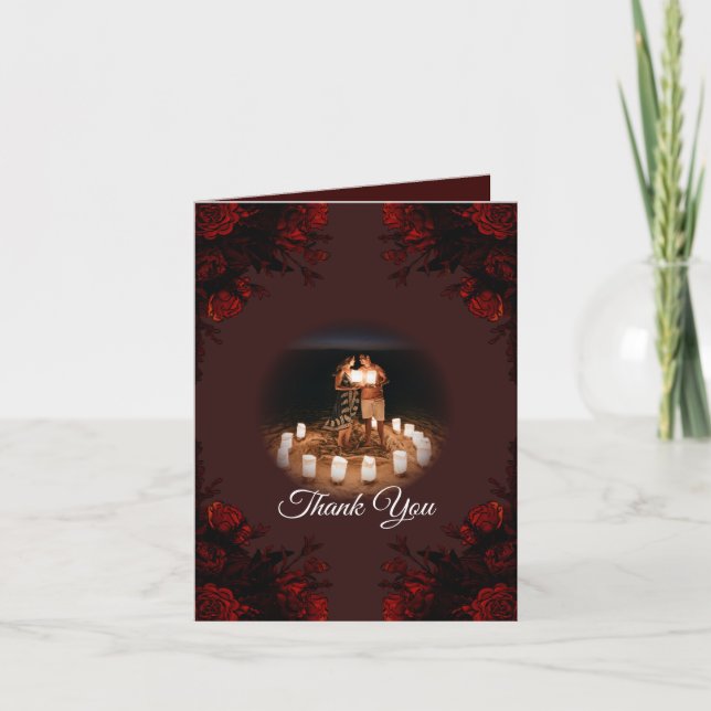 Cartão De Agradecimento Casamento Gótico Elegante Floral Vermelho Profundo (Frente)