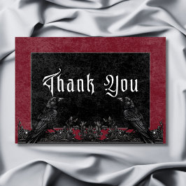 Cartão De Agradecimento Casamento Gótico Negro Raven e Rosas Borgonha