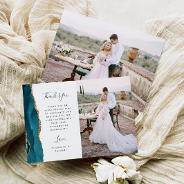 Cartão De Agradecimento Casamento Grafia Dourada Ágata Azul Teal