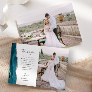 Cartão De Agradecimento Casamento Grafia em Prata Ágata Azul Teal Foto