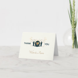 Cartão De Agradecimento Casamento LGBTQ de dois noivos masculino creme azu