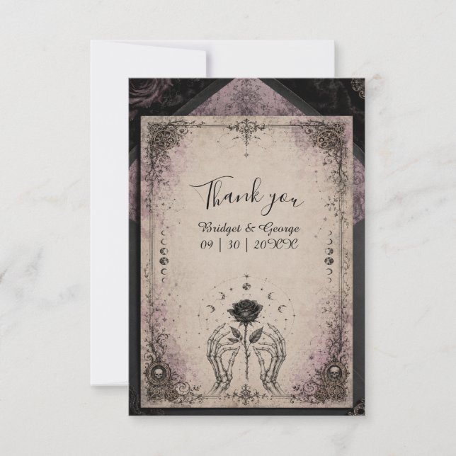 Cartão De Agradecimento Casamento Lua Caveira Rosa Medieval Roxa Gótica (Frente)
