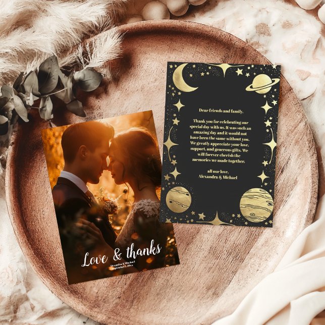 Cartão De Agradecimento Casamento Lua Crescente Preto Dourado Celestial Fo (Criador carregado)