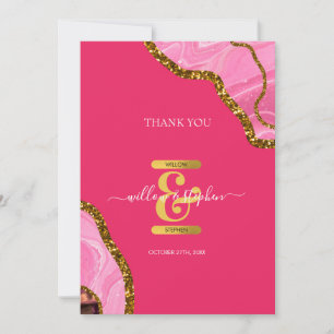 Cartão De Agradecimento Casamento Luminoso de Geodo de Agato Rosa e Dourad