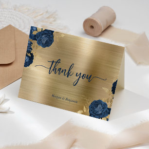 Cartão De Agradecimento Casamento Metal Brushed Dourado Floral Azul-Marinh