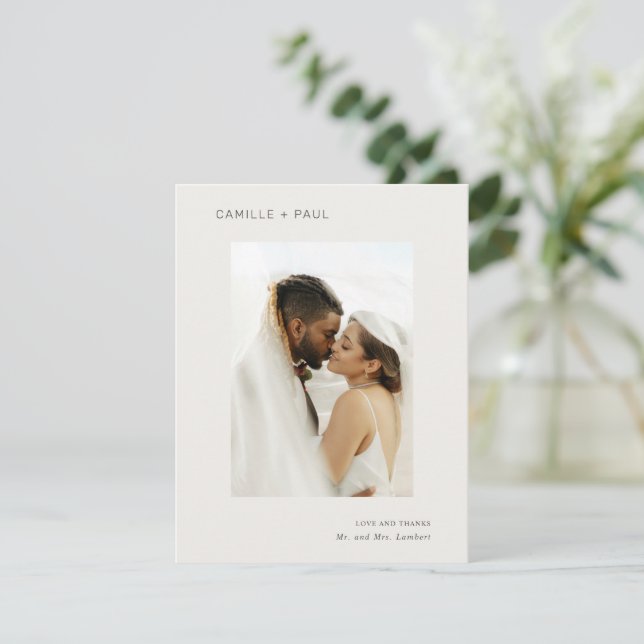 Cartão De Agradecimento Casamento Minimalista de Foto Neutra na moda (Em pé/Frente)