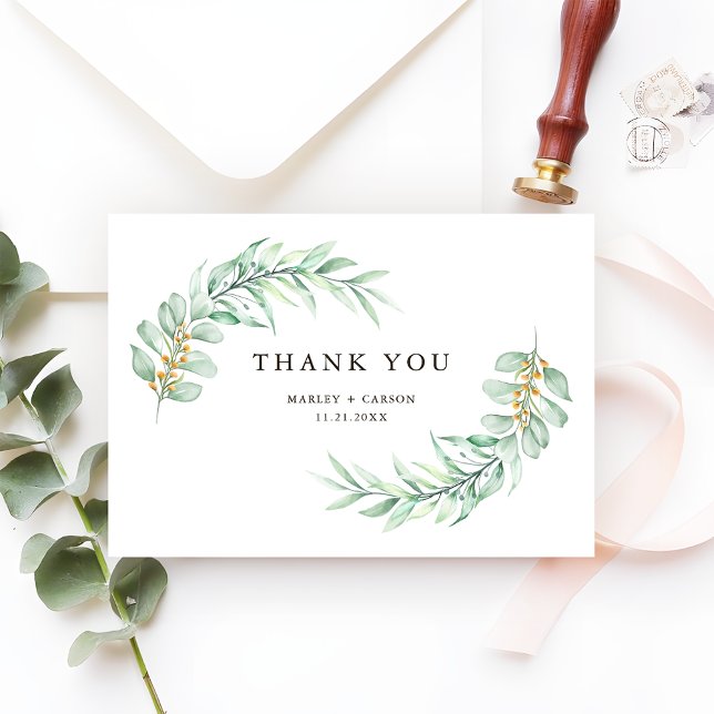 Cartão De Agradecimento Casamento Minimalista Moderno com Folhagem Verde (Criador carregado)