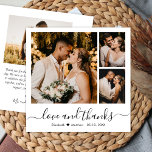 Cartão De Agradecimento Casamento Mínimo de Obrigados e Amor Collage<br><div class="desc">Simples e Minimalista Cartões de agradecimentos personalizado personalizado de casamento "obrigados e amor" do Script 3 Photo Collage. modelo de cartões de agradecimentos de casamento com três (3) fotos na frente (grade de fotos) e uma foto no verso. Com o texto "Amor e obrigados" em uma letra maiúscula de rabo-de-coleira...</div>