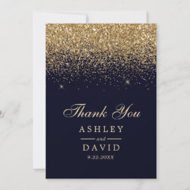 Cartão De Agradecimento Casamento Moderno Azul Naval Confete Dourado