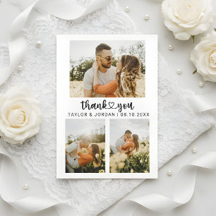 Cartão De Agradecimento Casamento Moderno com Colagem de Três Fotos em Cor