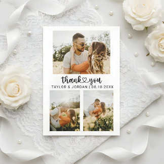 Cartão De Agradecimento Casamento Moderno com Colagem de Três Fotos em Cor