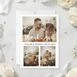 Cartão De Agradecimento Casamento Moderno com Colagem de Três Fotos em Cor