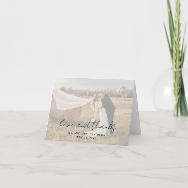 Cartão De Agradecimento Casamento Moderno com Foto em Letra Manual Rústica (Frente)