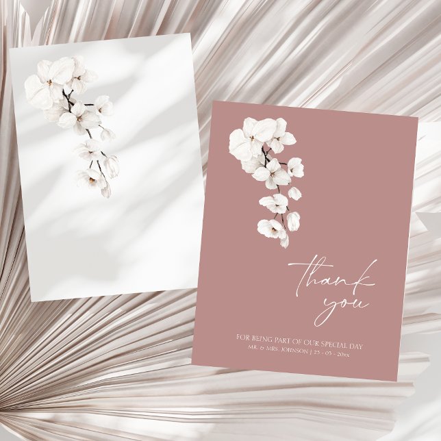 Cartão De Agradecimento Casamento Moderno com Orquídea Branca Rosa Empoeir (Modern Dusty Pink White Orchids Flowers Wedding Thank You Card)