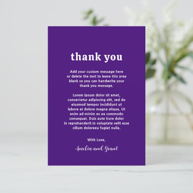 Cartão De Agradecimento Casamento Moderno com Retro Font Purple (Em pé/Frente)