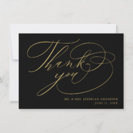 Cartão De Agradecimento Casamento Moderno em Grafia Preta Elegante Dourada