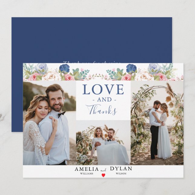 Cartão De Agradecimento Casamento Moderno Floral Rosa-Rosa-Marinho-Russo (Frente/Verso)