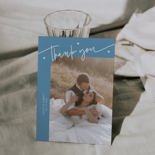 Cartão De Agradecimento Casamento Moderno Script Coração Denim Azul  (Criador carregado)