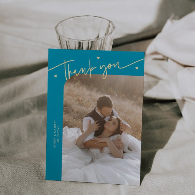 Cartão De Agradecimento Casamento Moderno Script Heart Aqua Blue  (Criador carregado)