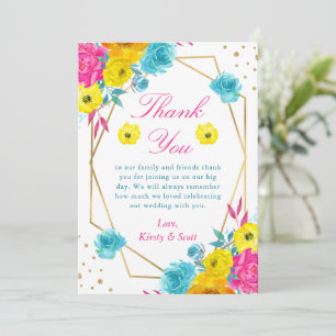 Cartão De Agradecimento Casamento Moldura Dourada Flores de Verão Aquarela