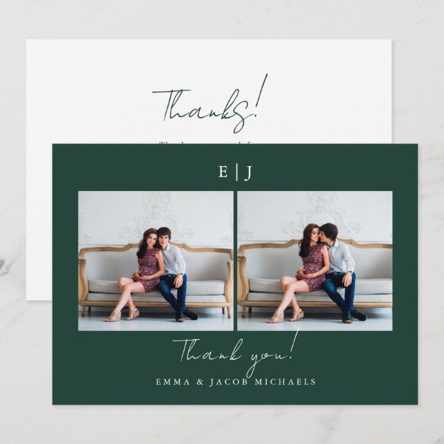 Cartão De Agradecimento Casamento Monograma Obrigado Foto Verde (Frente/Verso)