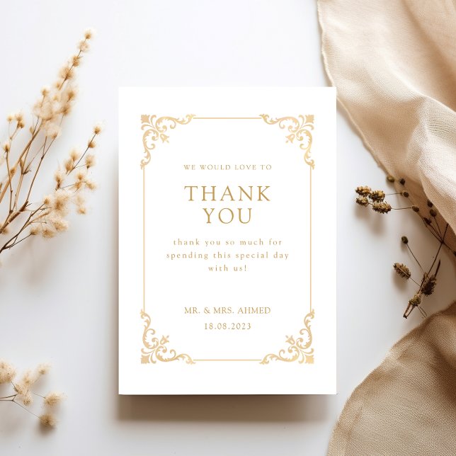 Cartão De Agradecimento Casamento Muçulmano Dourado de Script Branco e Ant (Criador carregado)