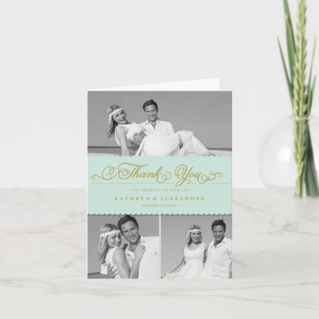 Cartão De Agradecimento Casamento Multifotográfico do Script Romântico 3 d (Frente)