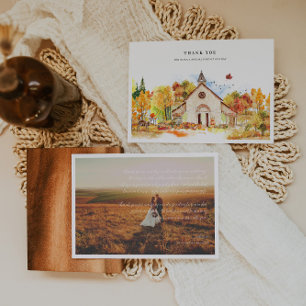 Cartão De Agradecimento Casamento na Capela Rústica de Outono Foto Agradec