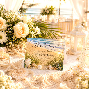 Cartão De Agradecimento Casamento na Praia com Ondas Tropicais Azuis Elega