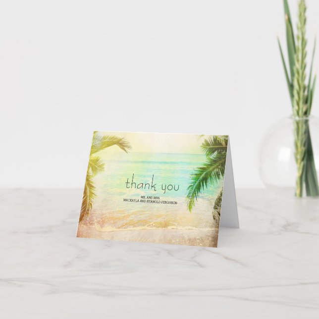 Cartão De Agradecimento Casamento na Praia do Pôr do Sol Obrigado (Frente)