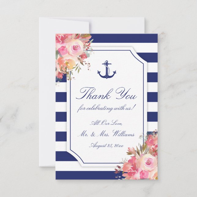 Cartão De Agradecimento Casamento Náutico Anchor Floral Blue Stripe (Frente)