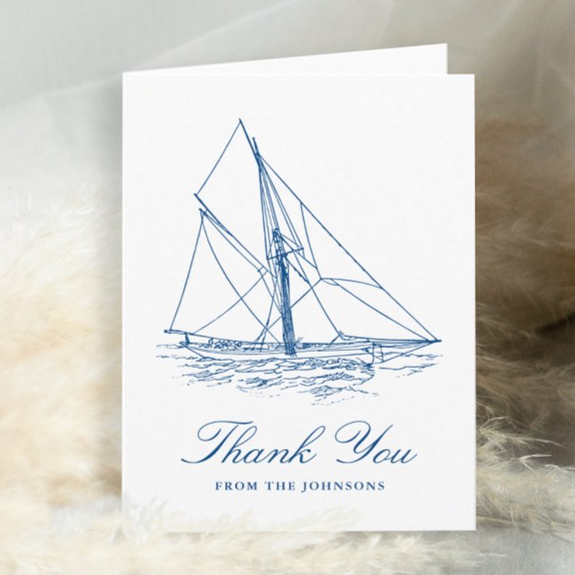 Cartão De Agradecimento Casamento Náutico Azul Marinho de veleiro (Personalized Sailboat Thank You card for a Navy Blue Elegant Nautical Wedding by Concertina Press)