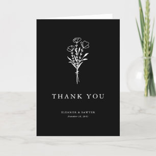 Cartão De Agradecimento Casamento Negro de Buquê Floral Minimalista Modern