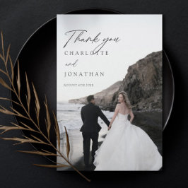 Cartão De Agradecimento Casamento Negro de Foto Minimalista Moderno