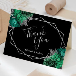 Cartão De Agradecimento Casamento Negro Floral de Prata Emerald Green