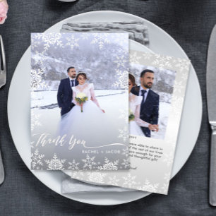 Cartão De Agradecimento Casamento no inverno Elegante Snowflakes e Script 
